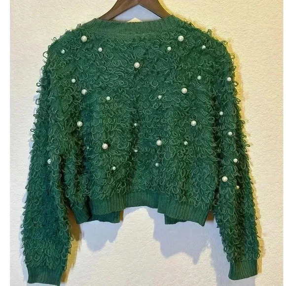 Mighty Fine Womens XL Loop Knit Green Pearl Cropped Cardigan Sweater Preppy‎ - Picture 2 of 10